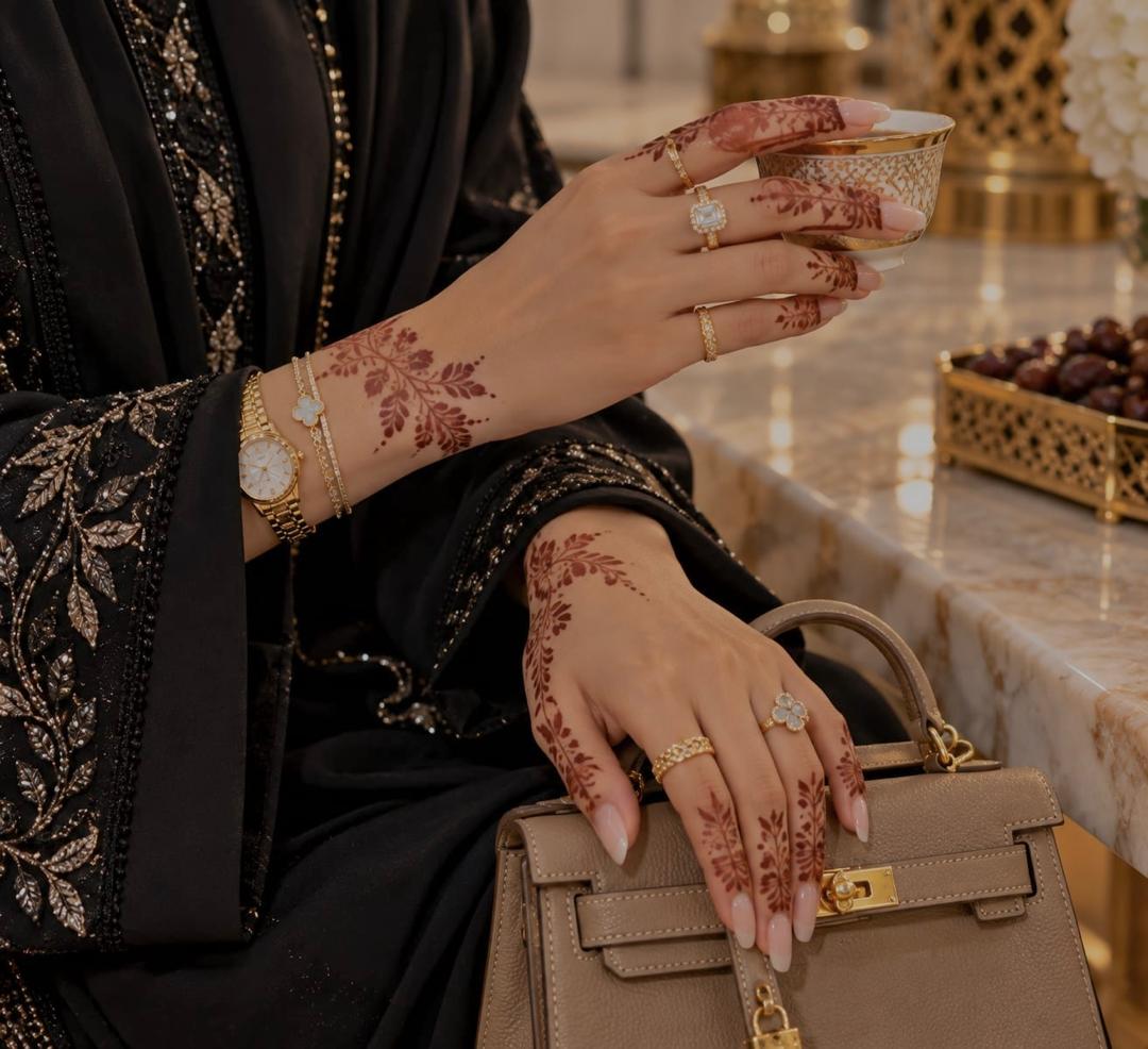 Hands adorned with henna and gold rings